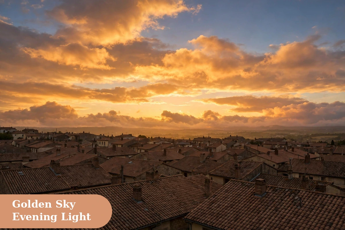 Sky captions for instagram with golden hour sky above quiet rooftops