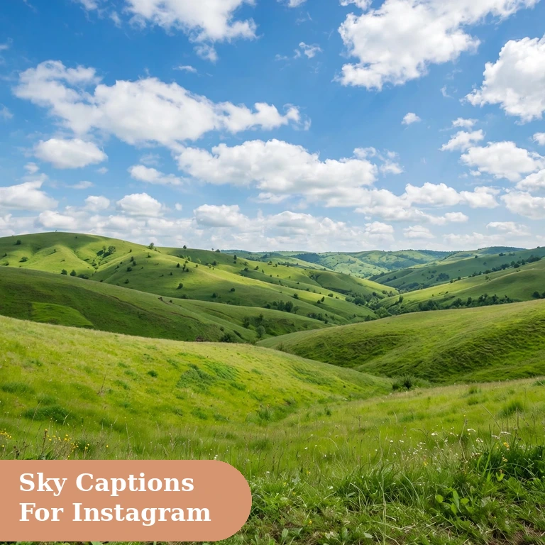 Sky captions for instagram featured image with blue sky and white clouds over green hills