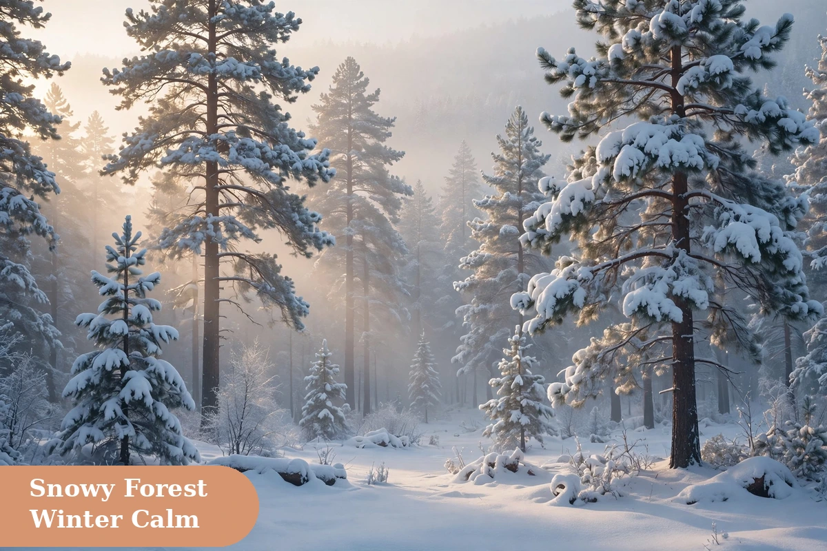 Snow captions for instagram with snow covered pine forest in soft morning light
