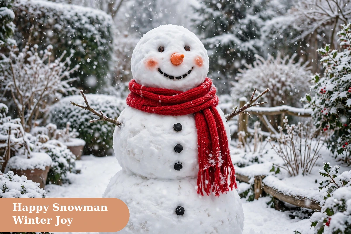 Snow captions for instagram with a happy snowman in a white winter garden
