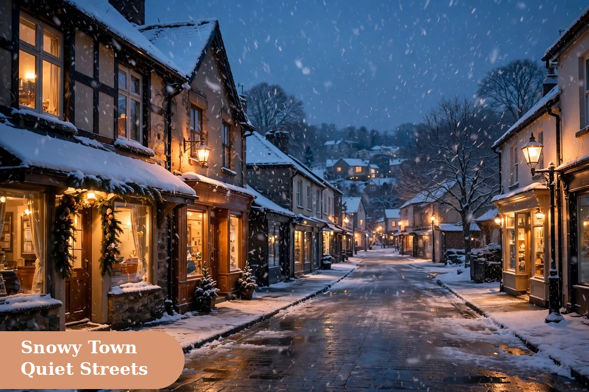 Snow captions for instagram with snow falling over a quiet small town street