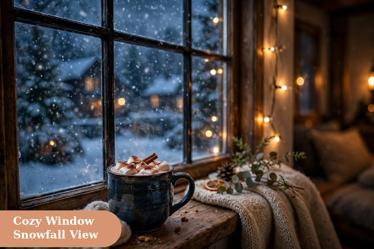 Snow captions for instagram with cozy window view of snowfall and warm lights