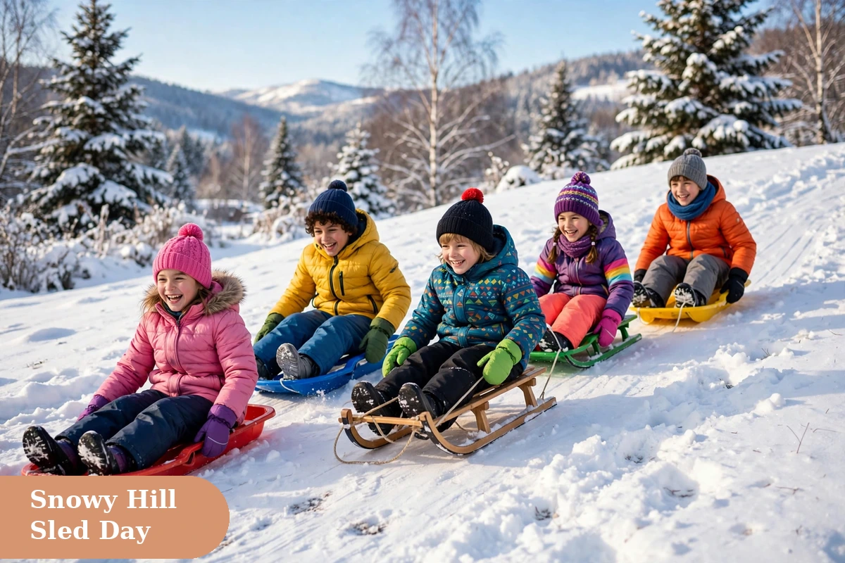 Snow captions for instagram with children sledding on a snowy white hill