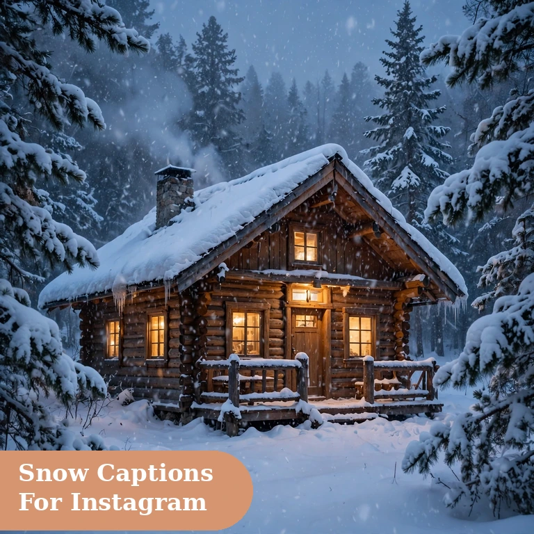 Snow captions for instagram featured image with snowfall over a cozy winter cabin