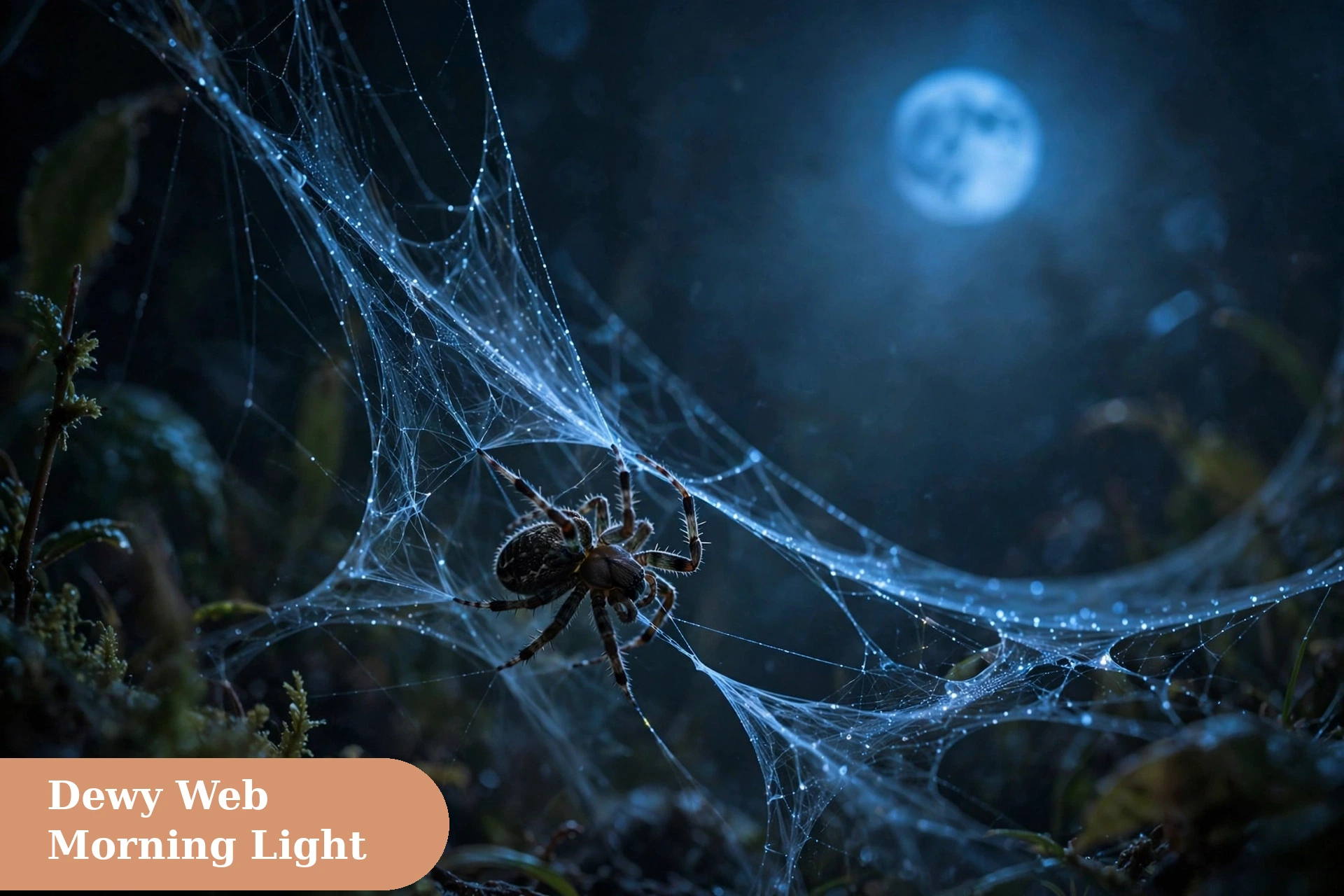 Spider captions for instagram with a spider hanging from a web on a dark Halloween night