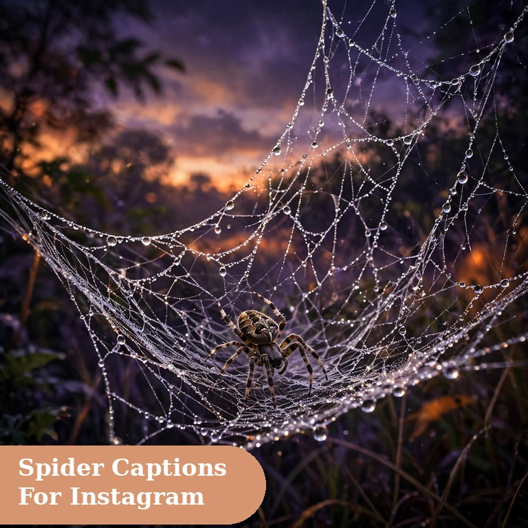 Spider captions for instagram featured image with a large spider web glistening in morning dew