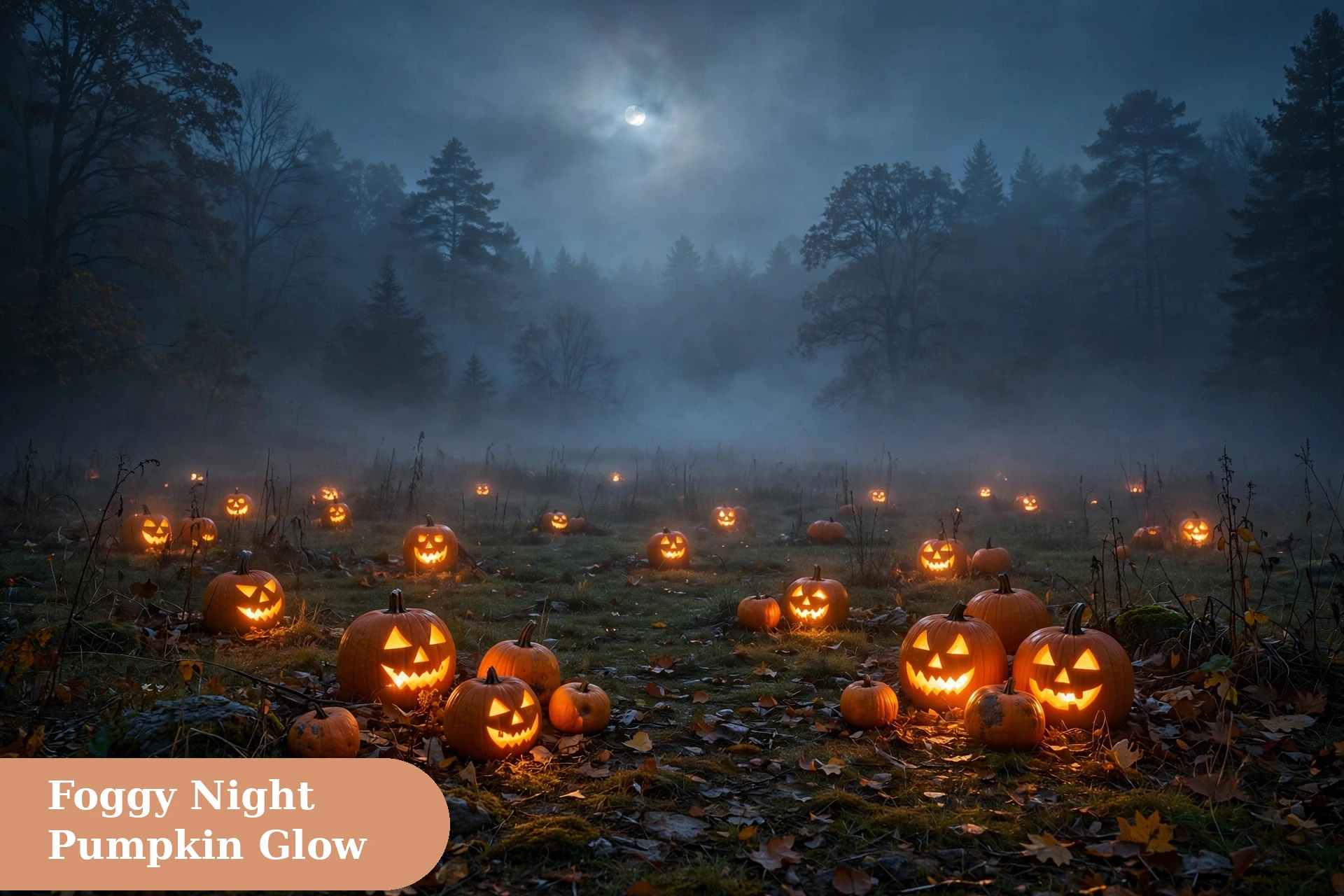 Spooky captions for instagram with glowing pumpkins on a foggy October night