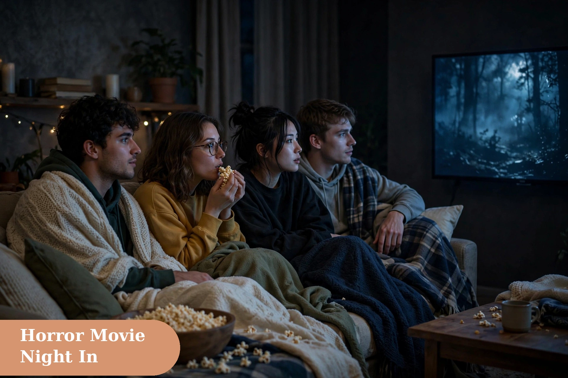 Spooky captions for instagram with friends watching a horror movie with popcorn