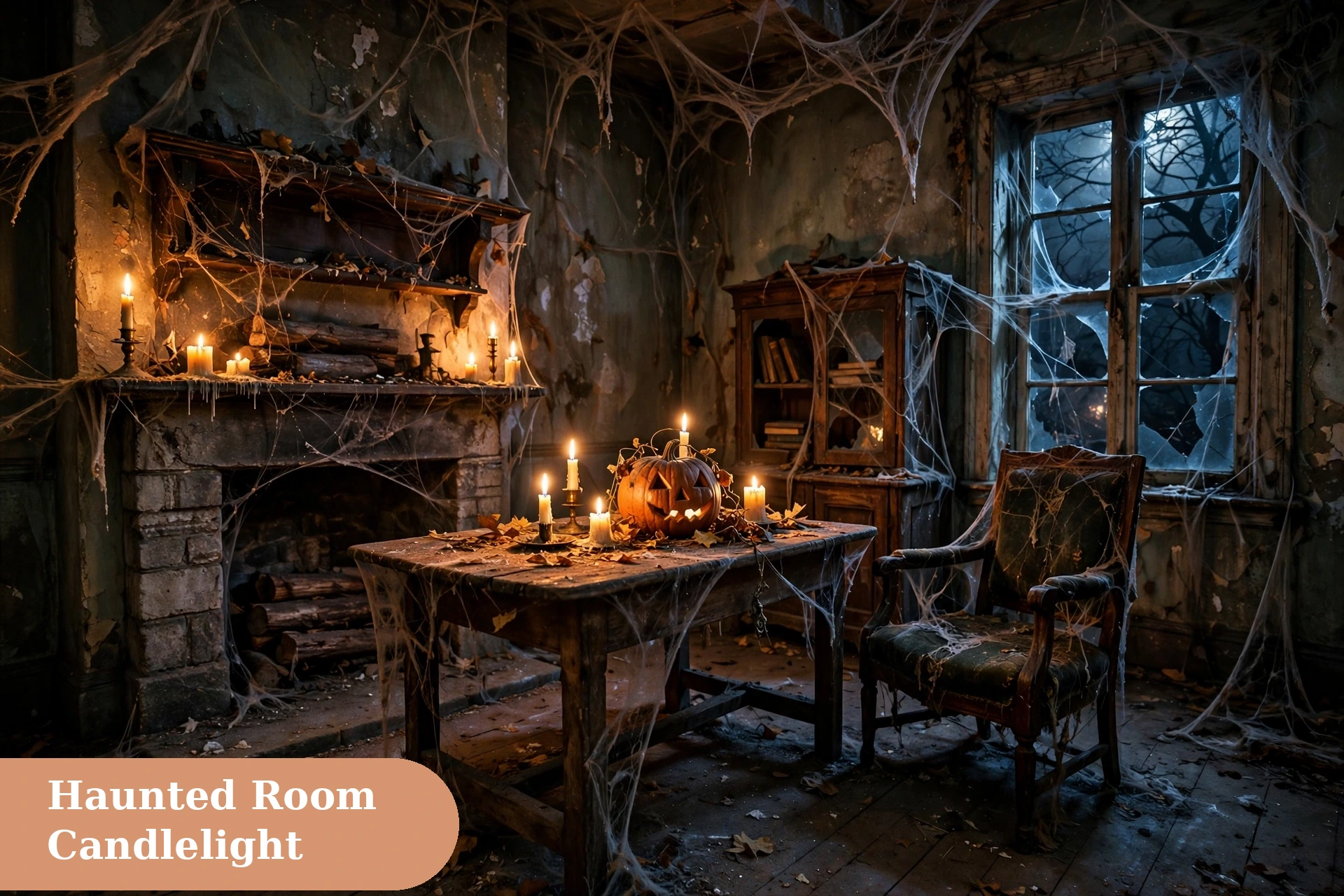 Spooky captions for instagram with candlelight and cobwebs in a haunted room