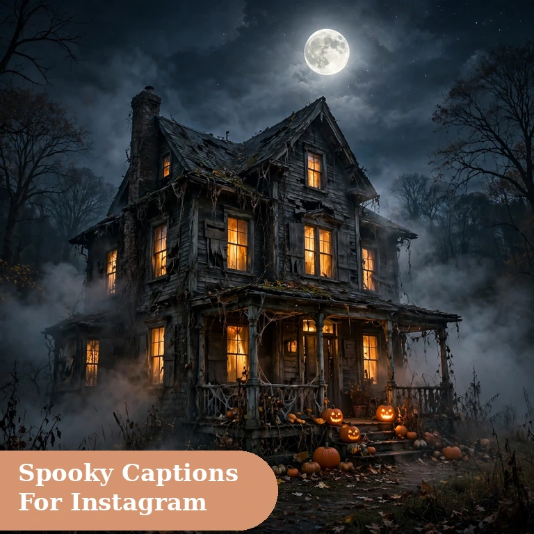 Spooky captions for instagram featured image with a haunted house under a full moon