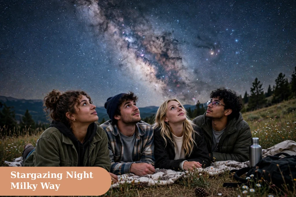 Stars captions for instagram with friends stargazing under the Milky Way