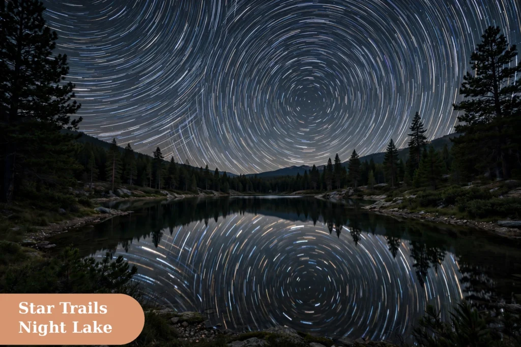 Stars captions for instagram with star trails over a calm night lake