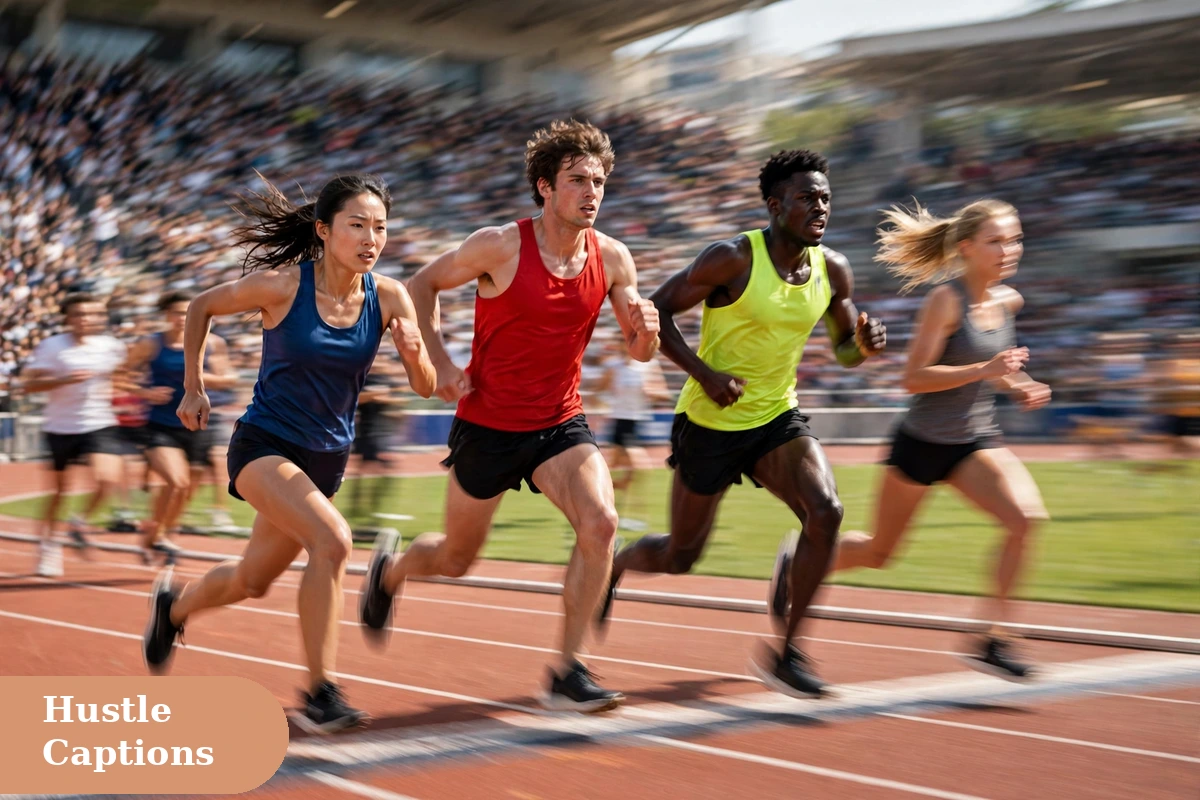 success captions for instagram with runners sprinting across a finish line in a stadium
