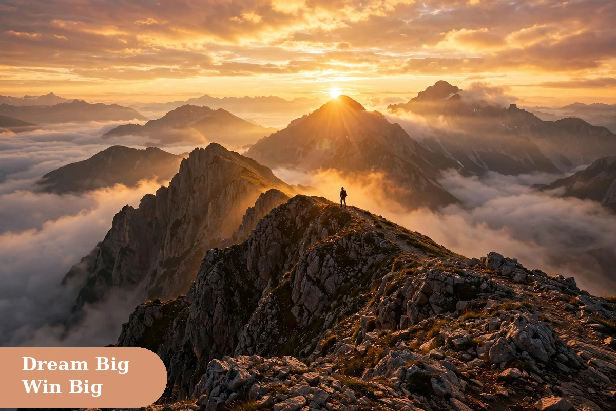 success captions for instagram with golden sunrise over a mountain peak and a lone hiker silhouette