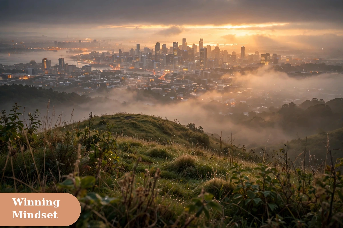 success captions for instagram with glowing city skyline at dawn seen from a hill