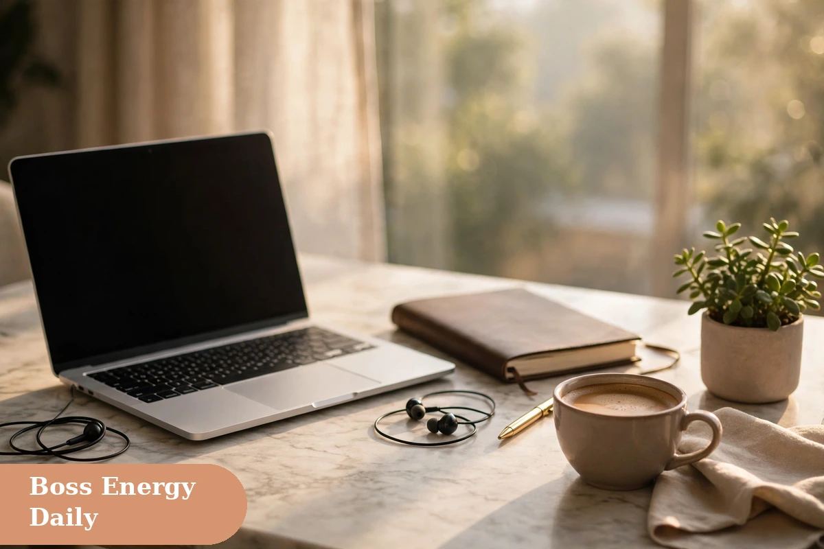 success captions for instagram with a luxury desk workspace laptop and notebook in morning light