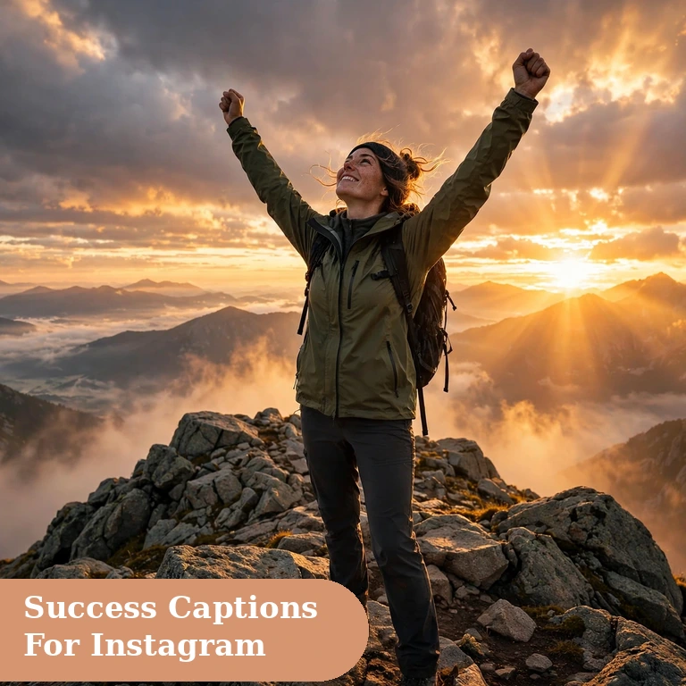 success captions for instagram featured image of a triumphant person with raised arms on a mountain summit at sunrise