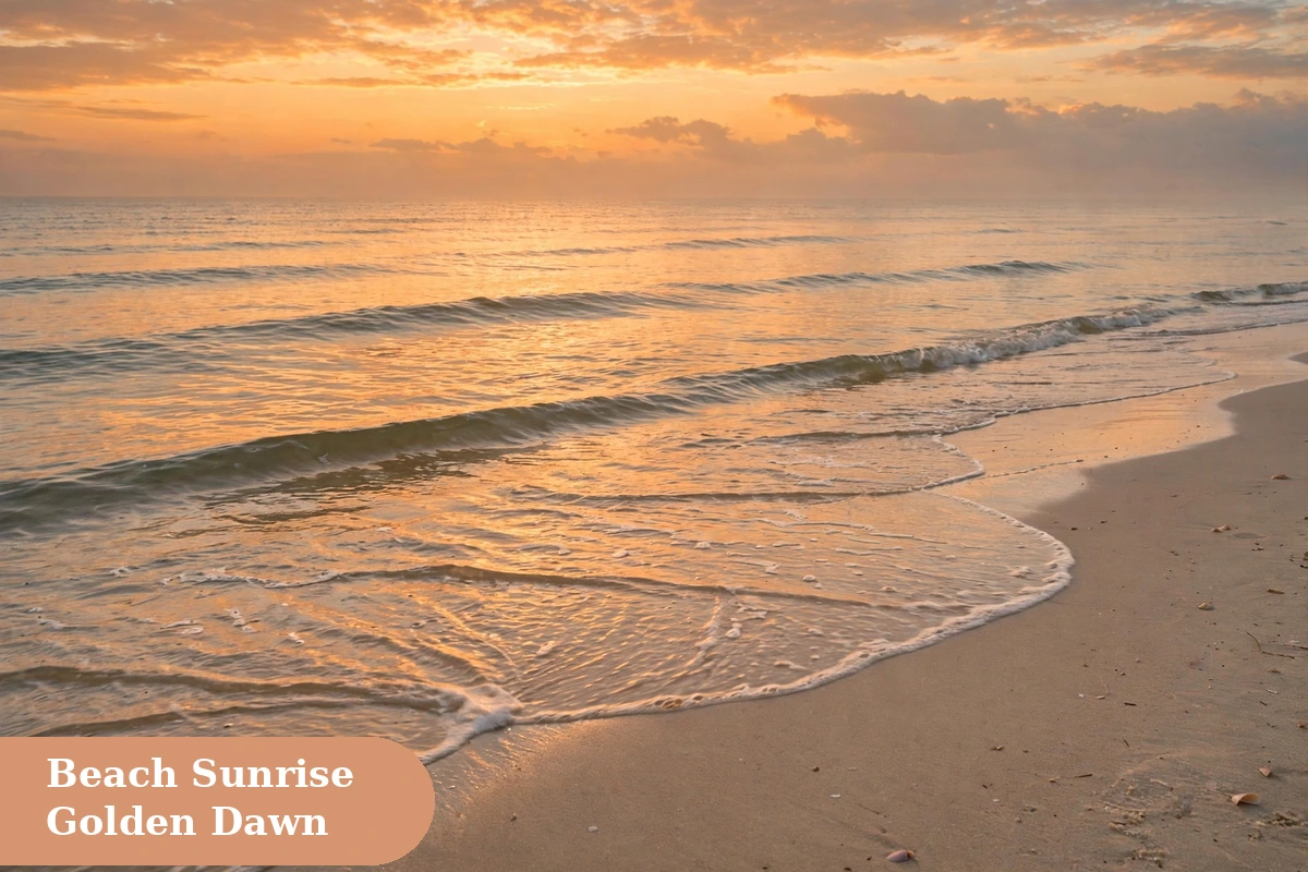 Sunrise captions for instagram with beach sunrise and golden waves in morning light
