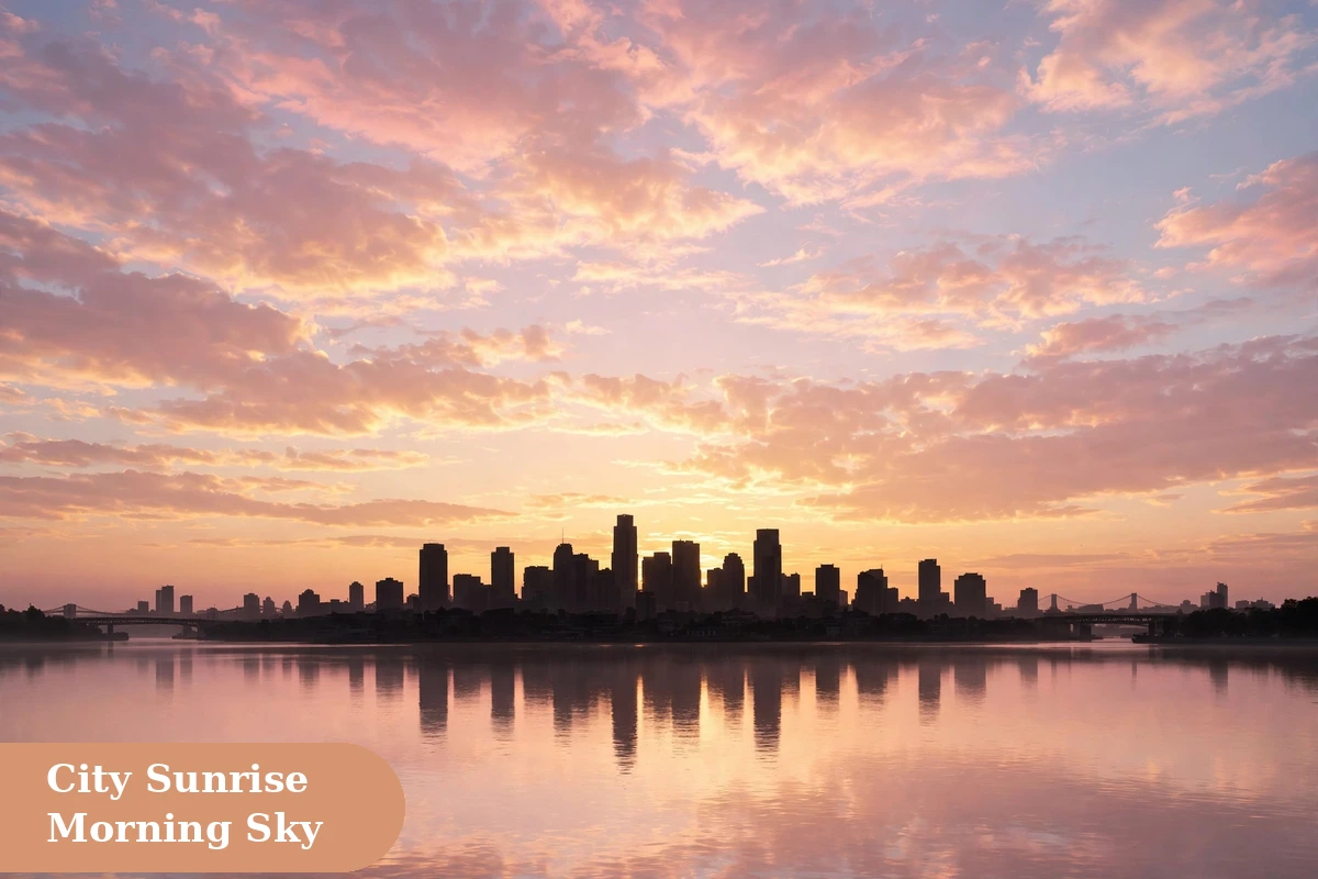 Sunrise captions for instagram with city skyline under a pastel morning sky