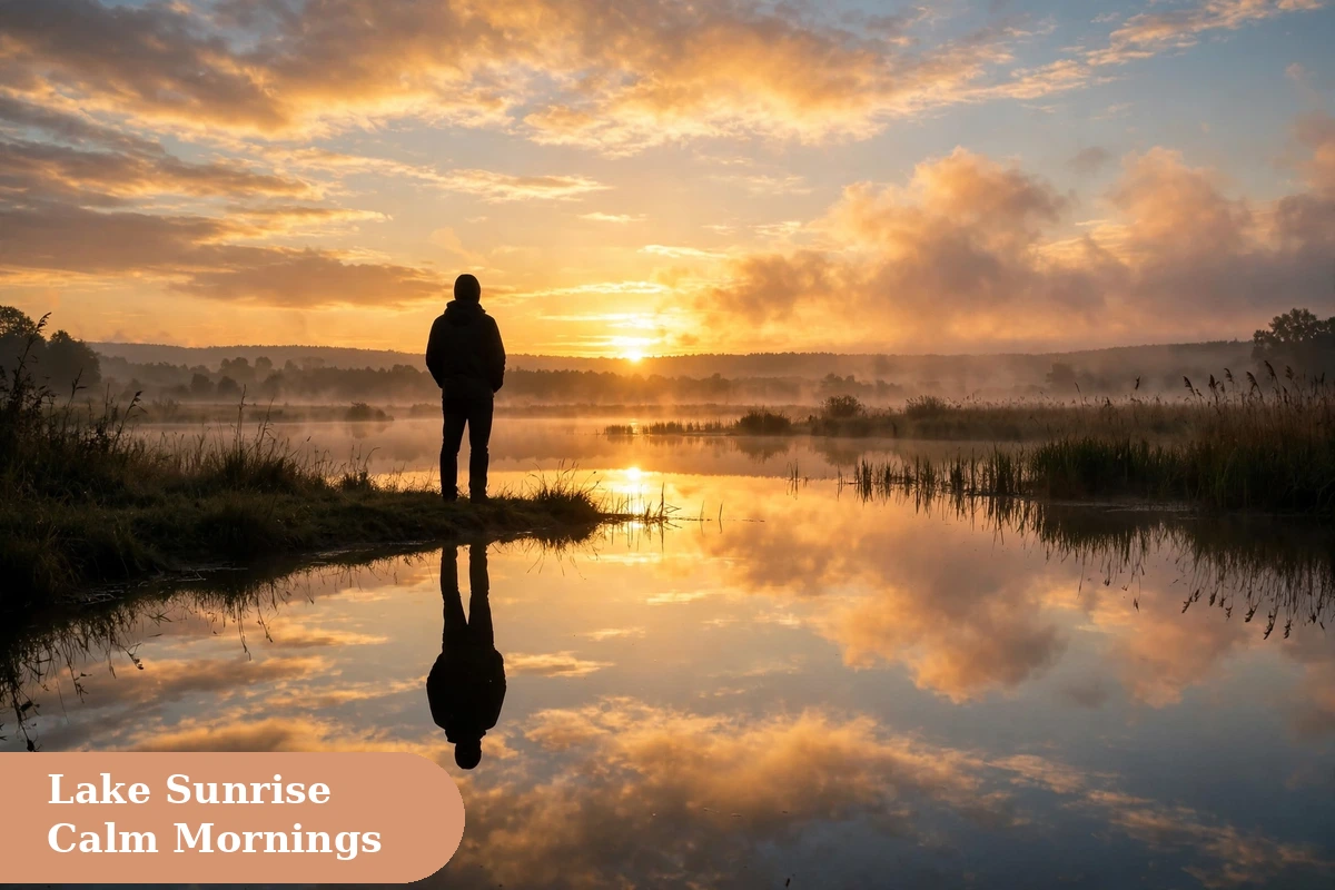Sunrise captions for instagram with a person watching sunrise over a calm lake