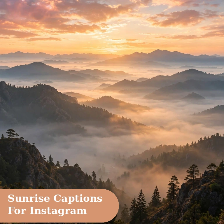 Sunrise captions for instagram featured image with golden sunrise over misty mountains