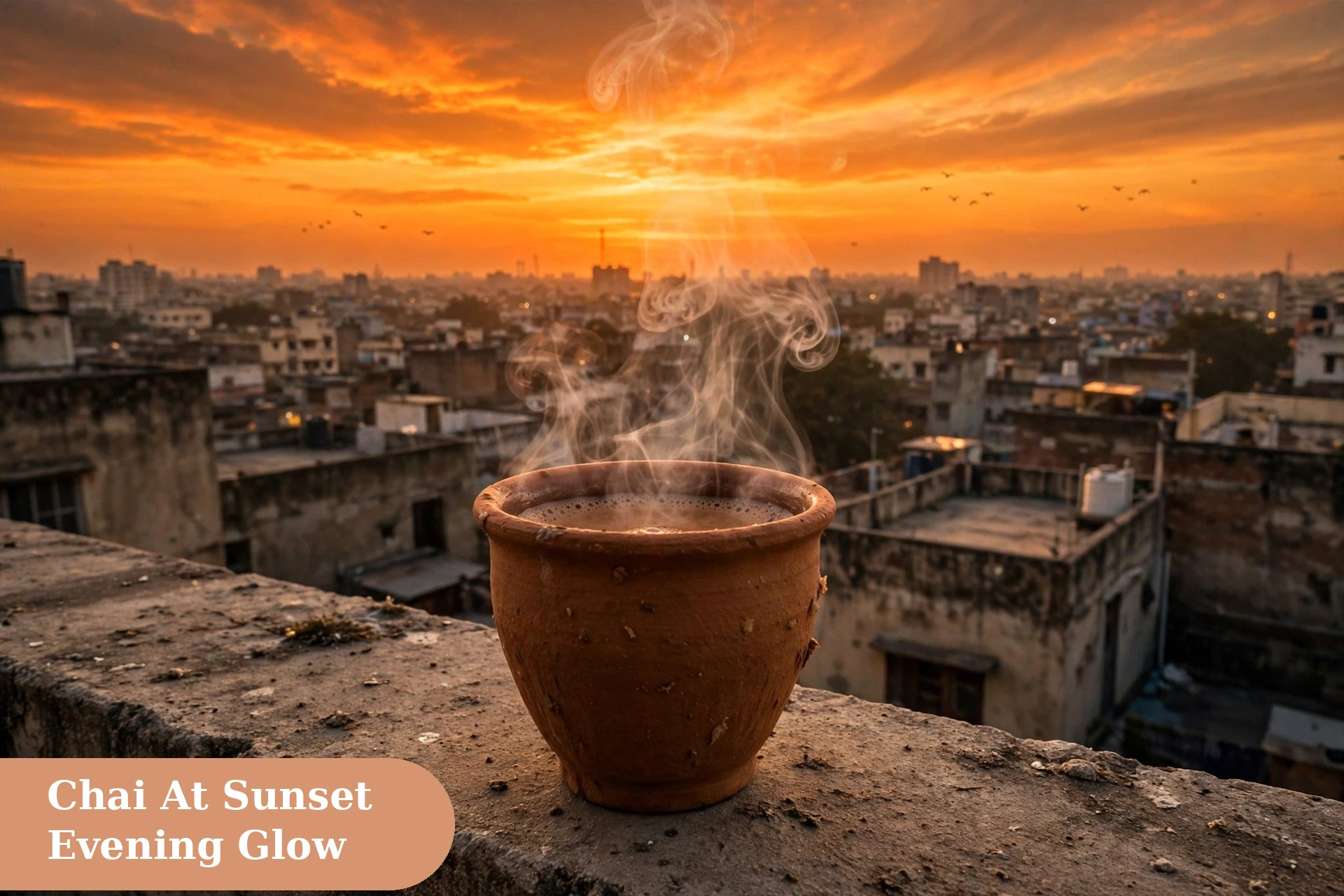 Sunset captions for instagram rooftop chai at sunset with a steaming kulhad and city views