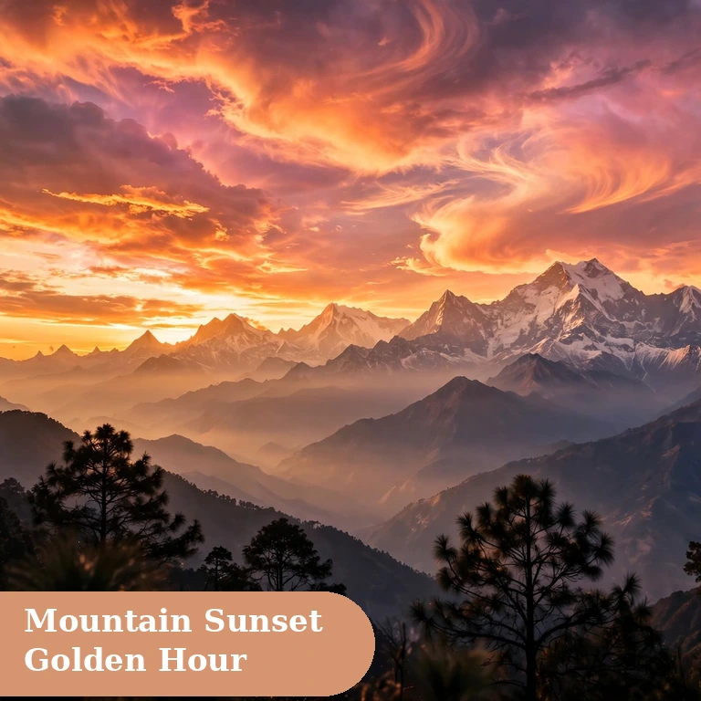 Best sunset captions for instagram featured image with a mountain sunset over golden Himalayan peaks