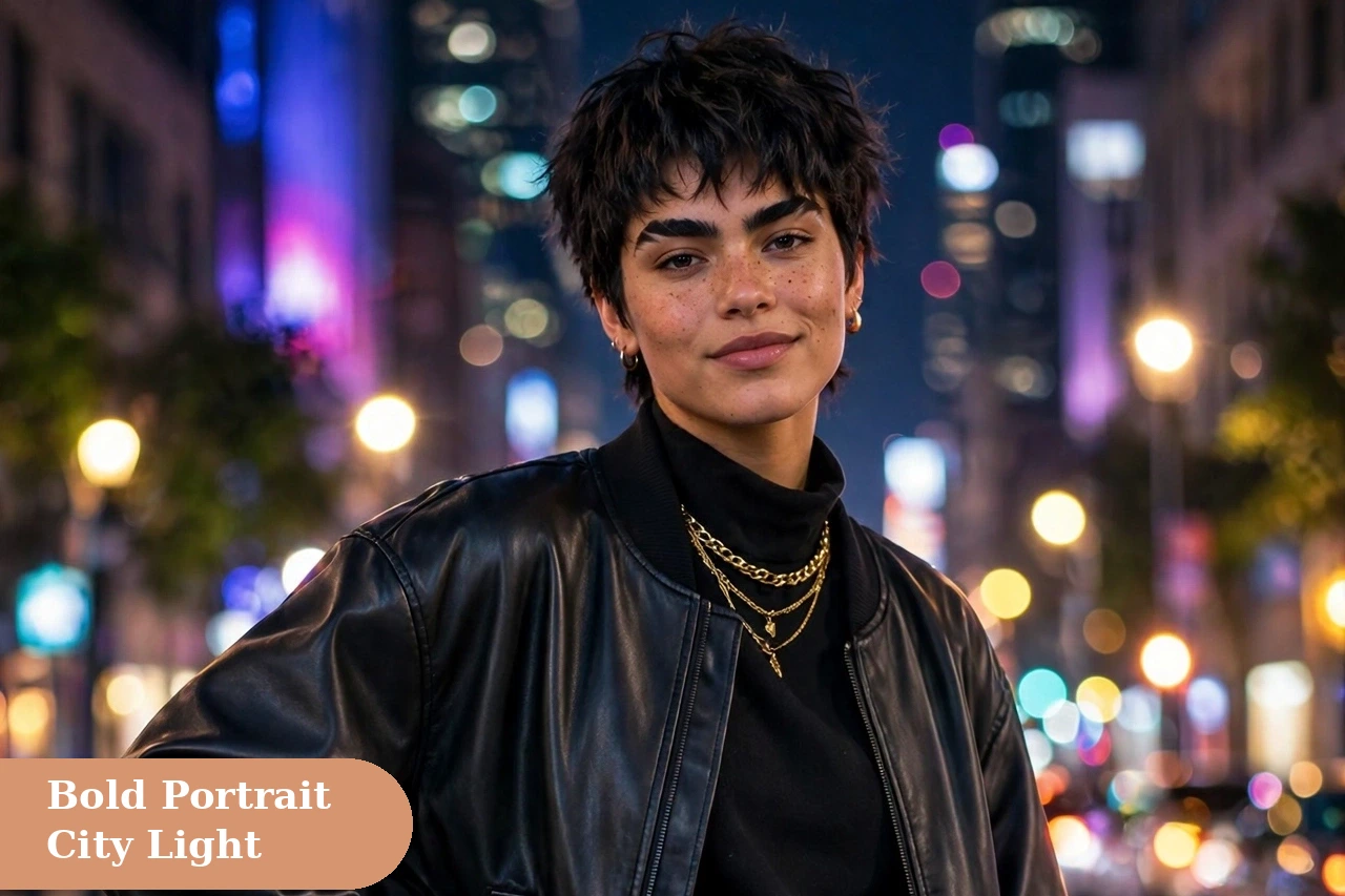 Swag captions for instagram with a bold fashion portrait in bright city light