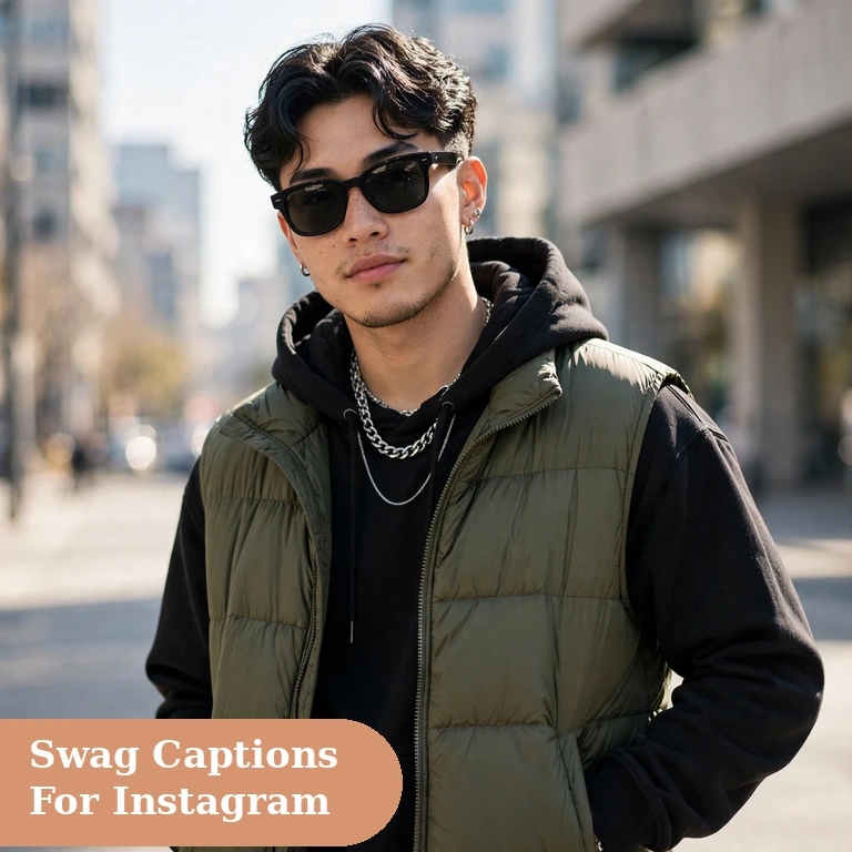 Swag captions for instagram featured image with a stylish young person in a cool street outfit
