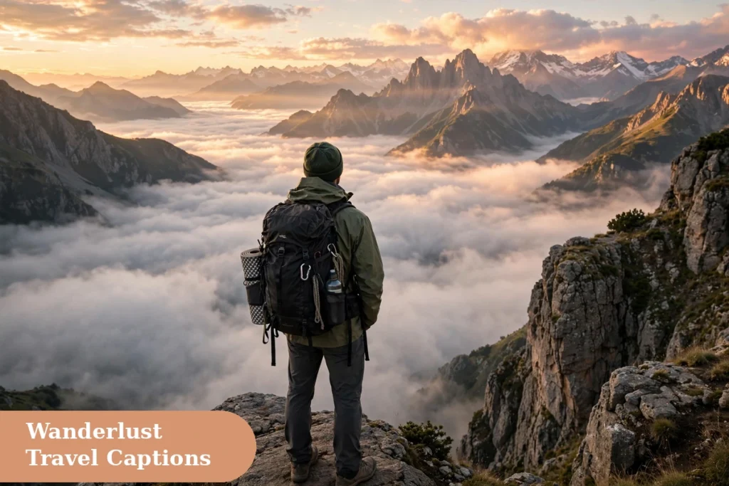 Travel captions for instagram backpacker standing on a cliff viewpoint above the clouds