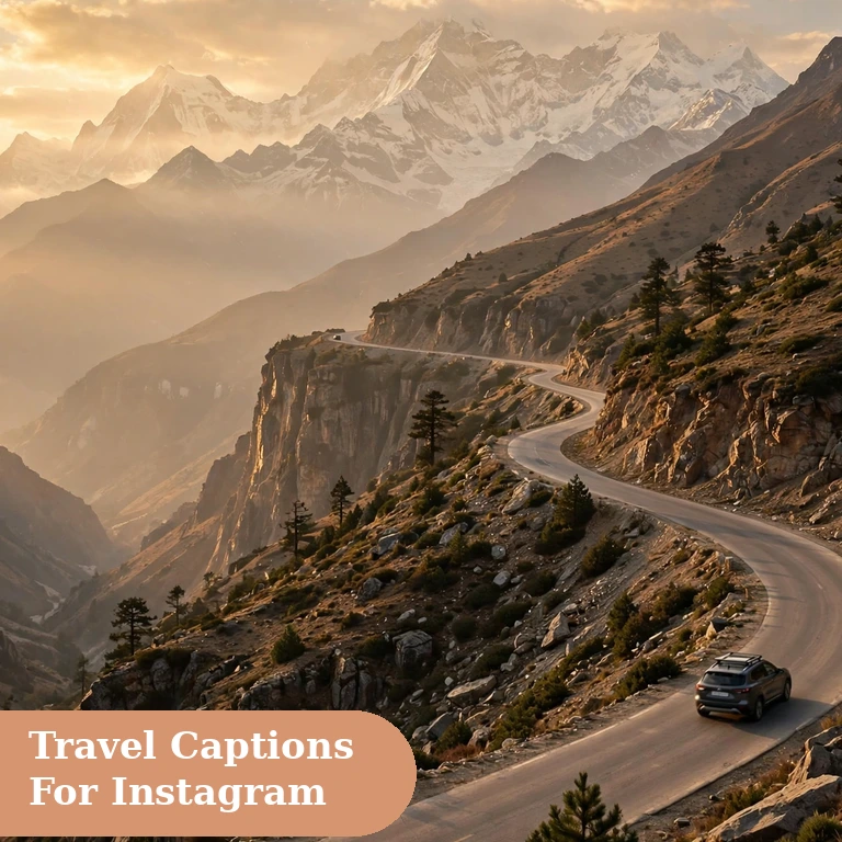 Travel captions for instagram featured image of a Himalayan mountain highway with a car in golden light