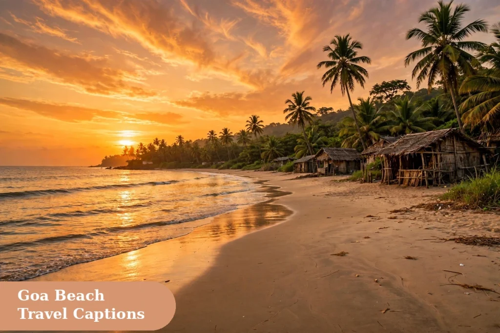 Travel captions for instagram Goa beach sunset with palm trees and beach shacks