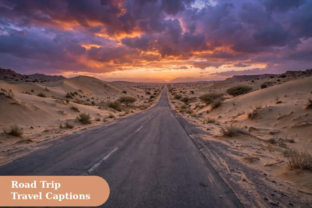 Travel captions for instagram desert highway road trip through Rajasthan at dusk
