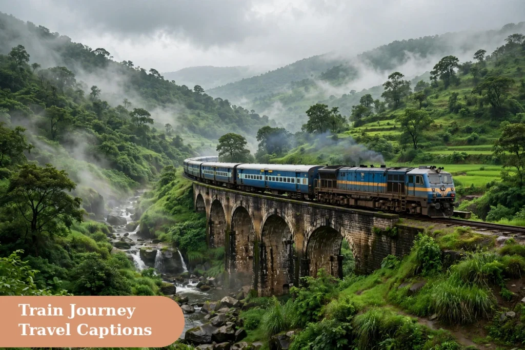 Travel captions for instagram Indian train crossing a green hill bridge in the countryside