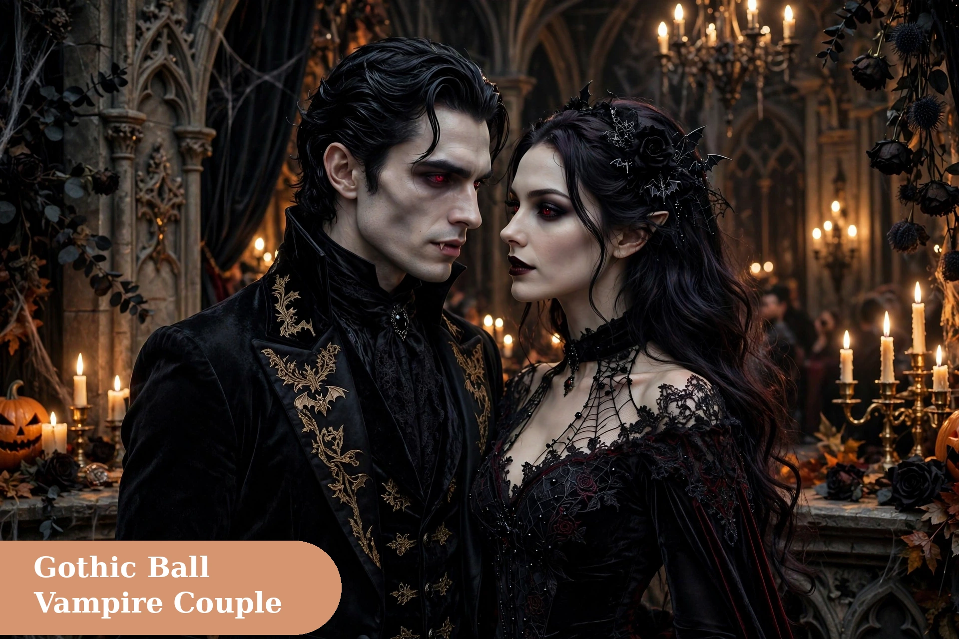 Vampire captions for instagram with a vampire couple at a gothic Halloween ball