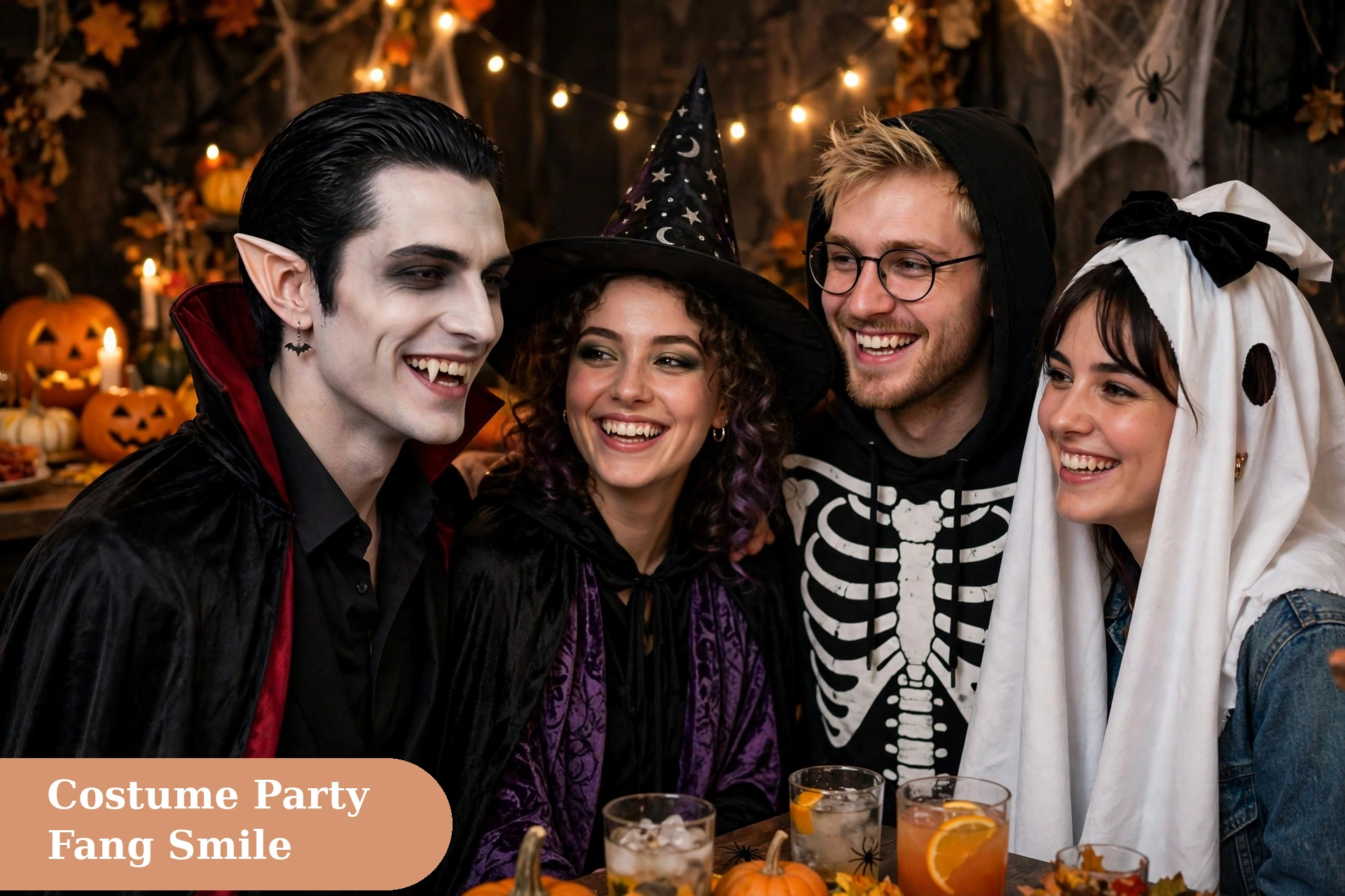 Vampire captions for instagram with a smiling vampire showing fangs at a costume party