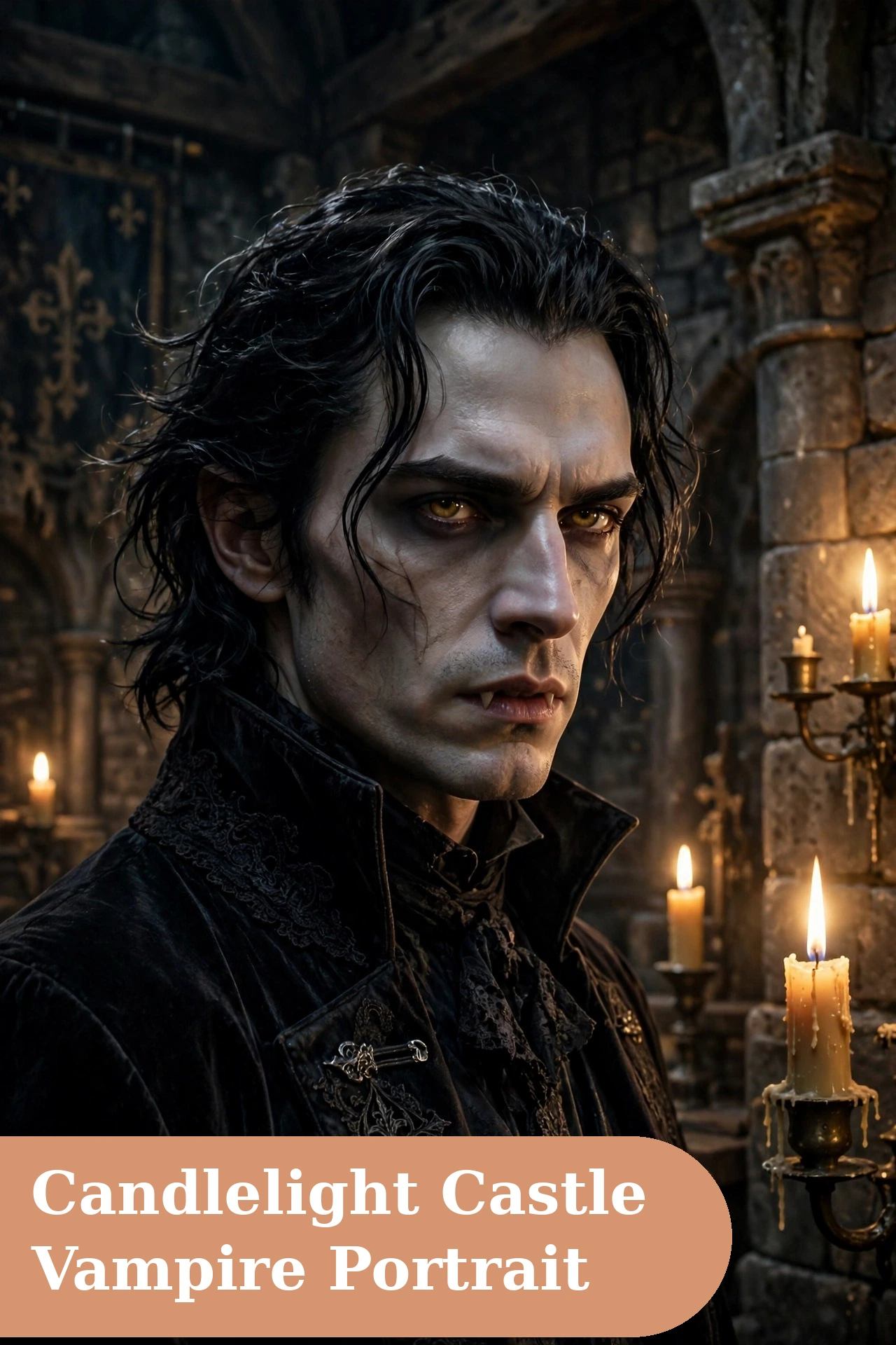 Vampire captions for instagram with a vampire portrait in candlelight inside an old castle