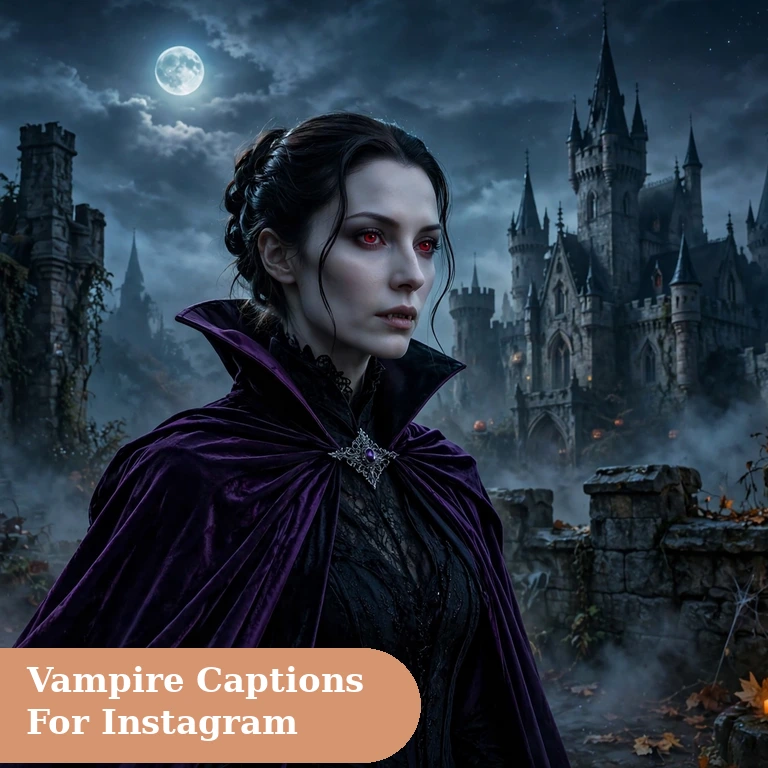 Vampire captions for instagram featured image with an elegant vampire in a velvet cape under moonlight