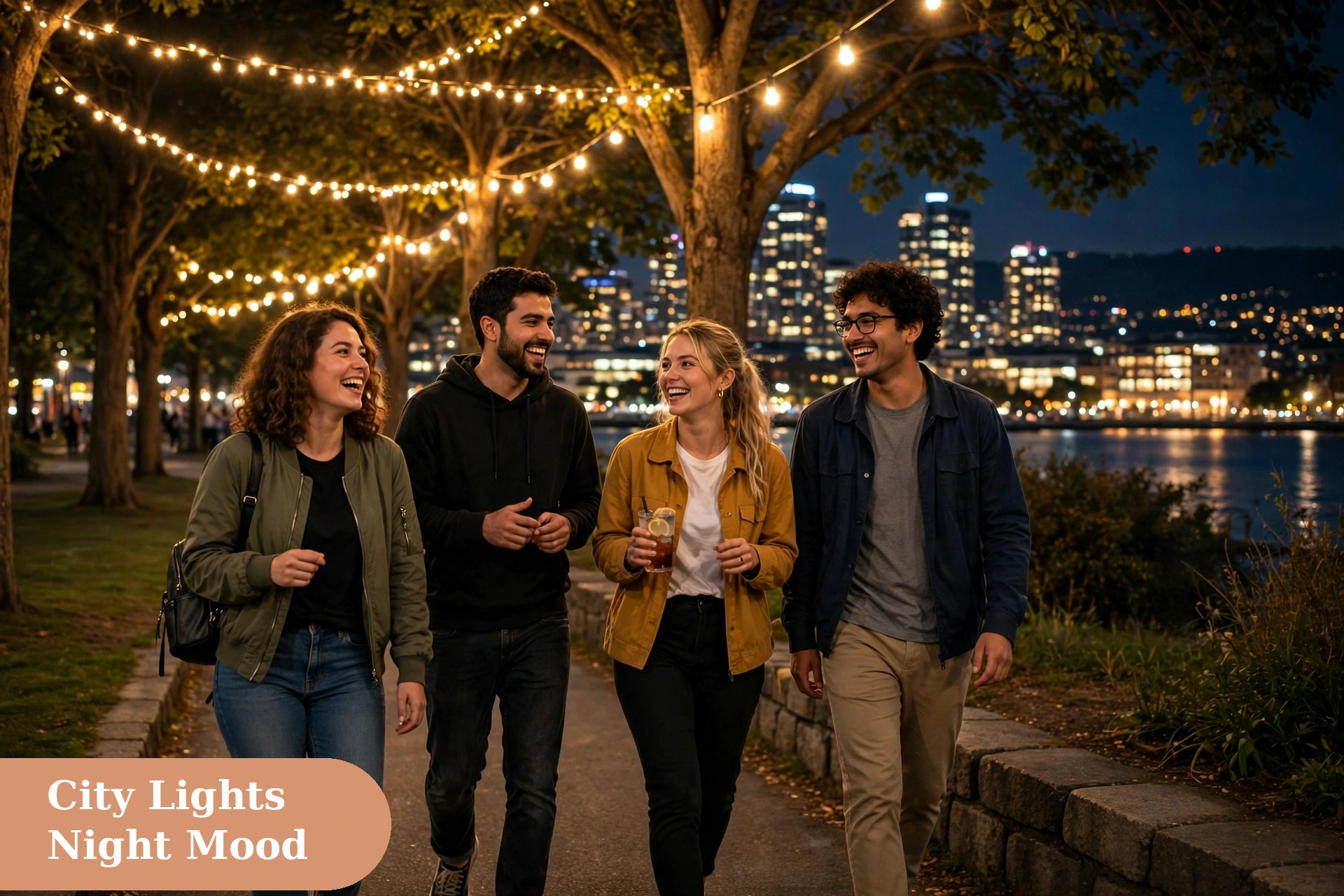 Vibes captions for instagram with city lights and a cheerful night mood