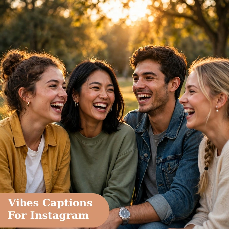 Vibes captions for instagram featured image with friends laughing in warm golden light