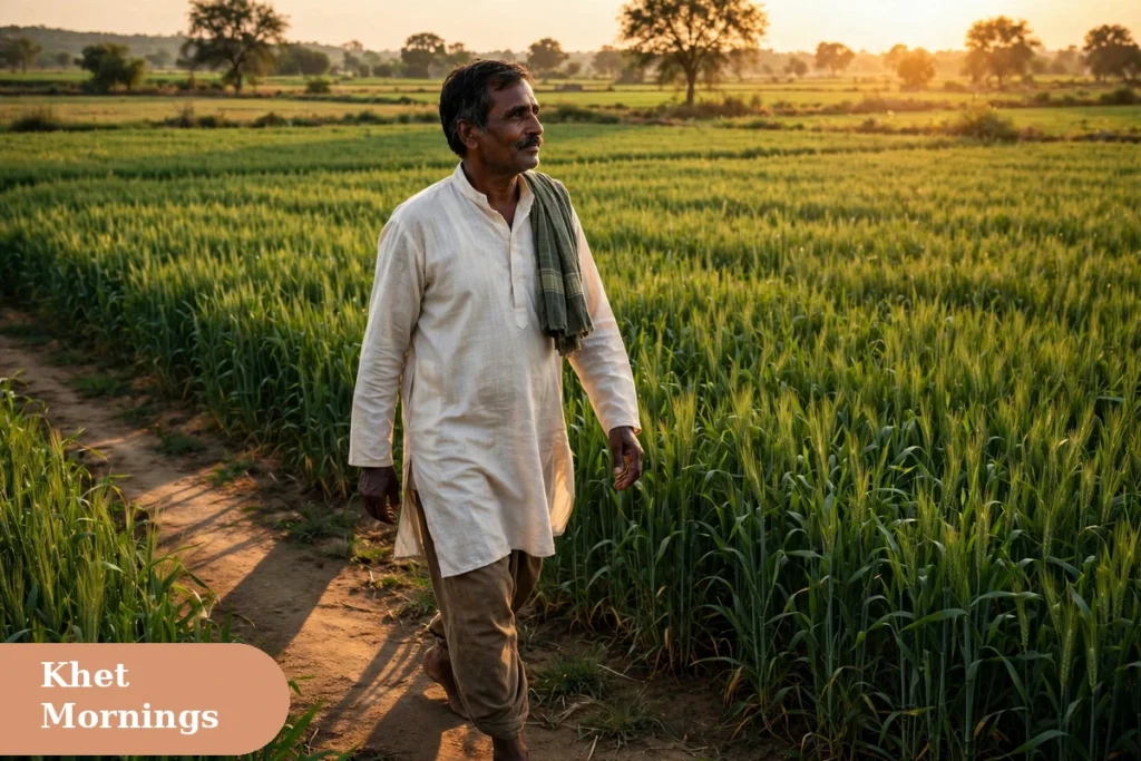 village captions for instagram with a farmer walking through lush green wheat khet fields at golden hour