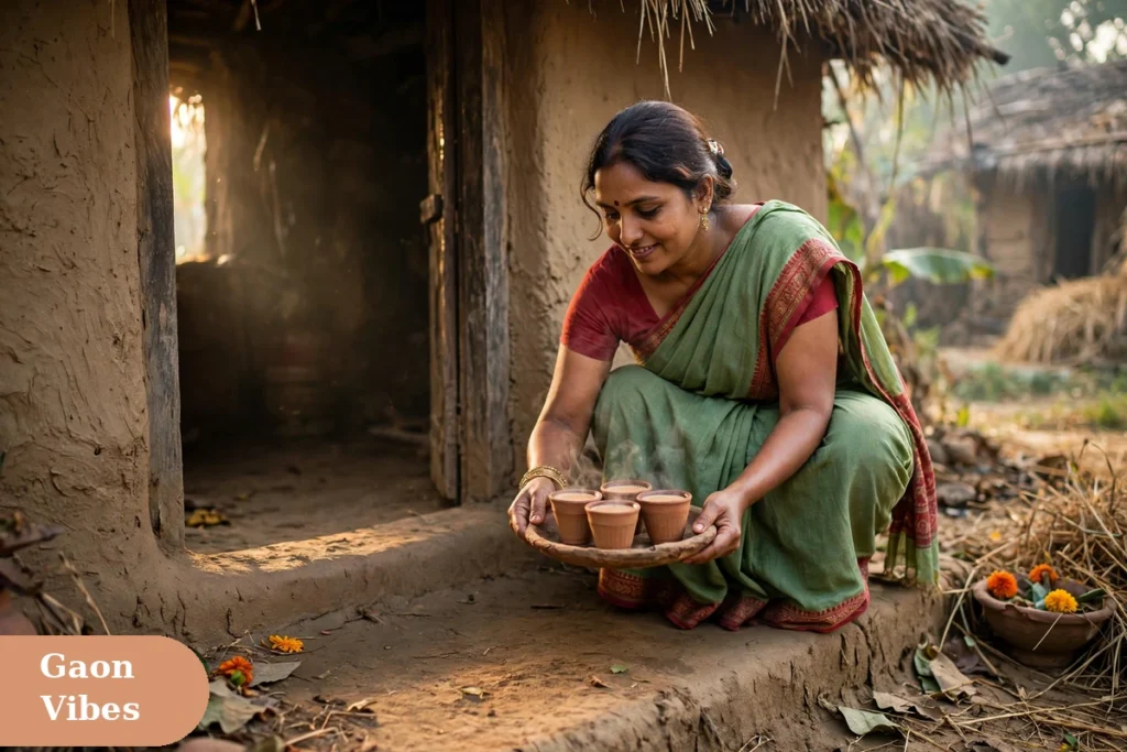 village captions for instagram with a woman serving chai in clay cups on a mud house doorstep in the morning