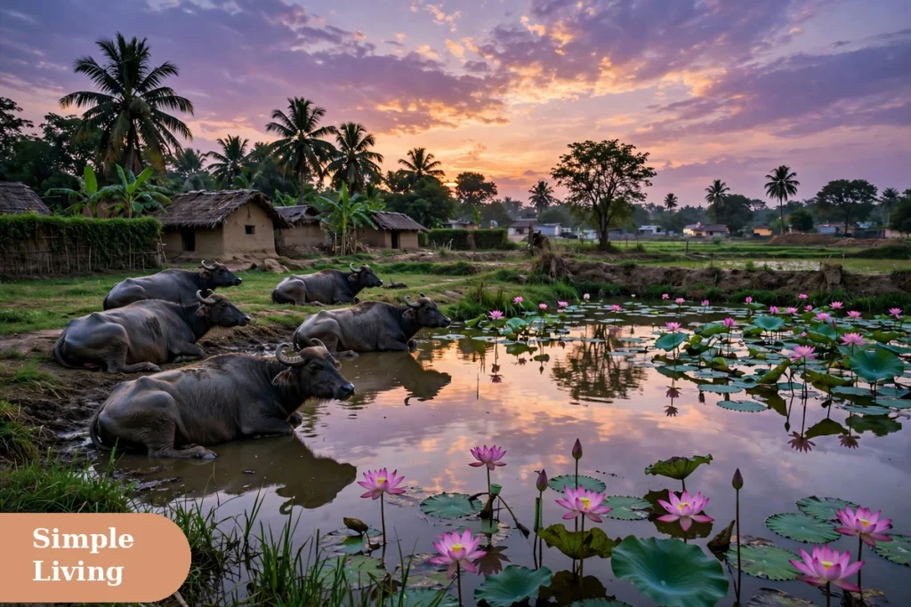 village captions for instagram with buffaloes resting by a village pond with lotus flowers at dusk