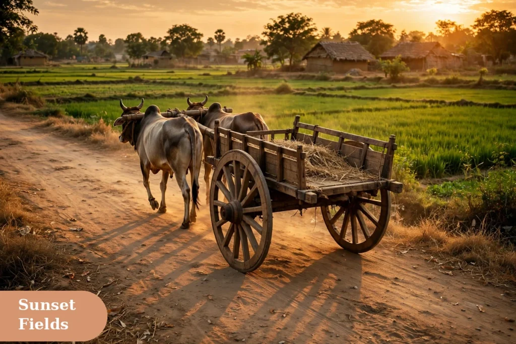 village captions for instagram with a bullock cart on a dusty village road at sunset in warm golden glow