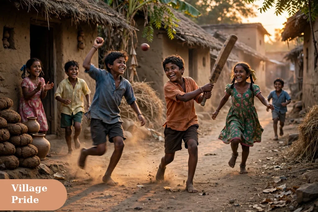 village captions for instagram with village kids playing cricket joyfully in a narrow lane in the evening