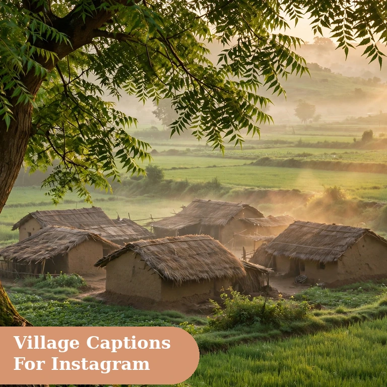 village captions for instagram featured image of an Indian village at sunrise with mud houses green fields morning mist and a neem tree