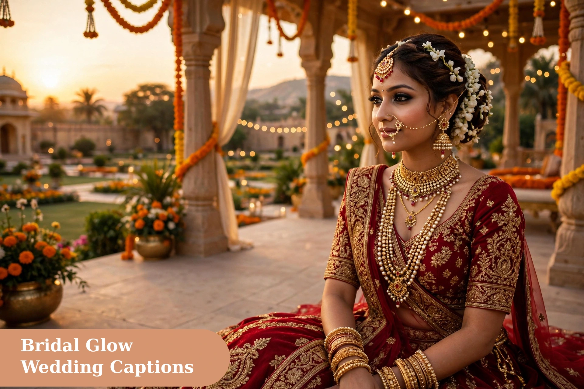Wedding captions for instagram bridal portrait of a dulhan in a red lehenga with jewellery
