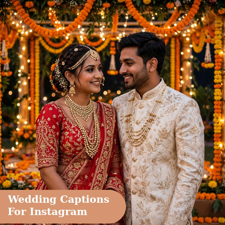 Best wedding captions for instagram featured image with a desi shaadi couple in traditional wear