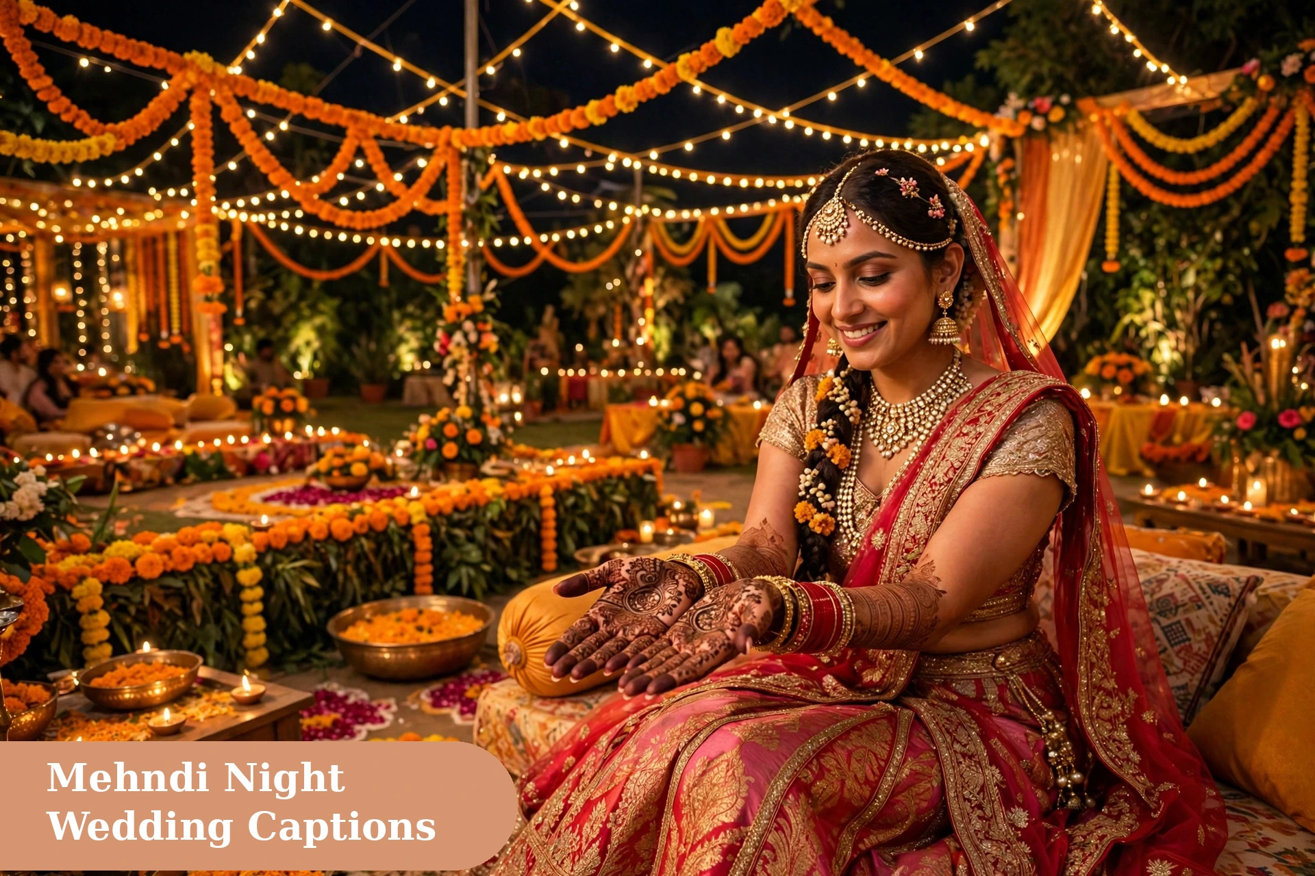 Wedding captions for instagram mehndi night with a bride showing henna decorated hands