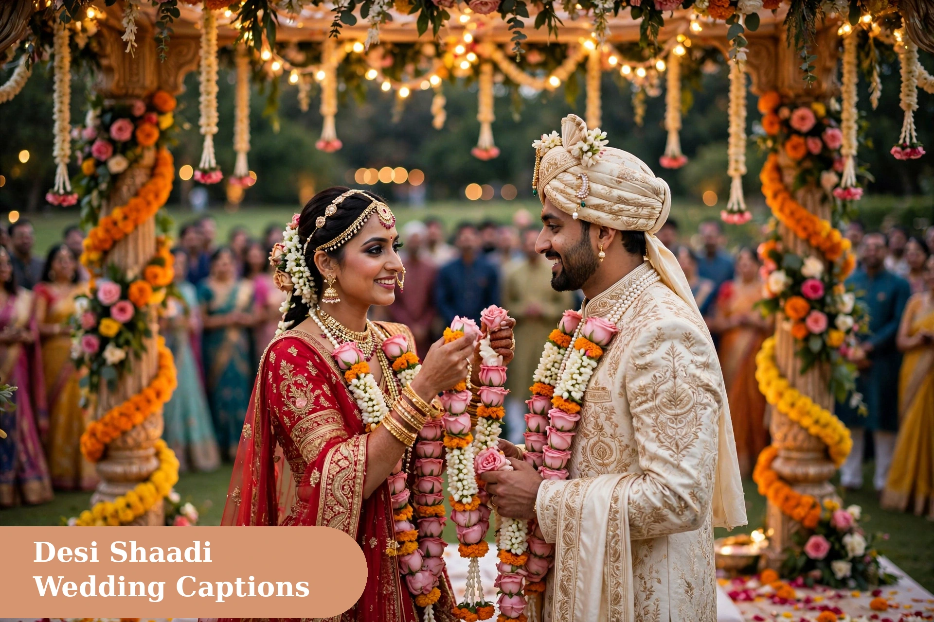 Wedding captions for instagram desi shaadi couple exchanging garlands at the mandap